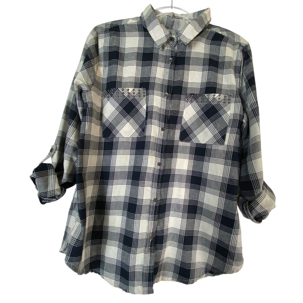 Blue & White Plaid‎ Flannel Button Up Shirt Studded Xl Western Prairie Ranch Y2K